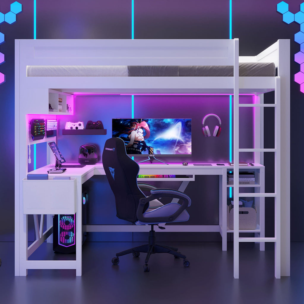 Gaming Loft Bed With Desk, Storage Shelves, LED and Charging Station - Full