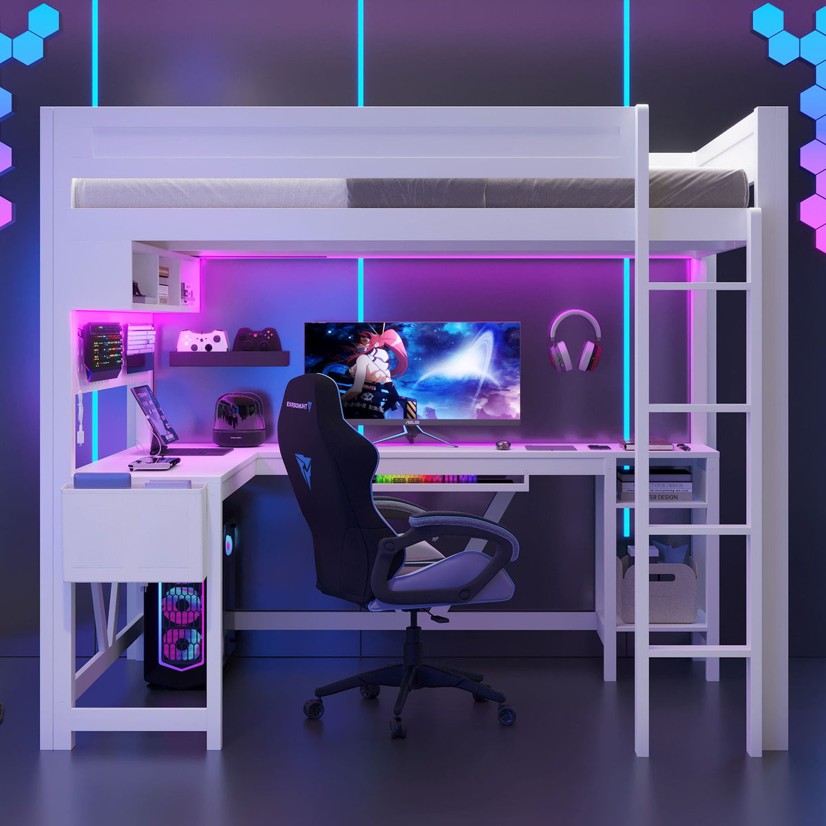 Gaming Loft Bed With Desk, Storage Shelves, LED and Charging Station - Full