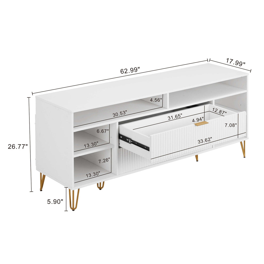 Fluted TV Stand with Storage and Metal Legs - Multiple Colors