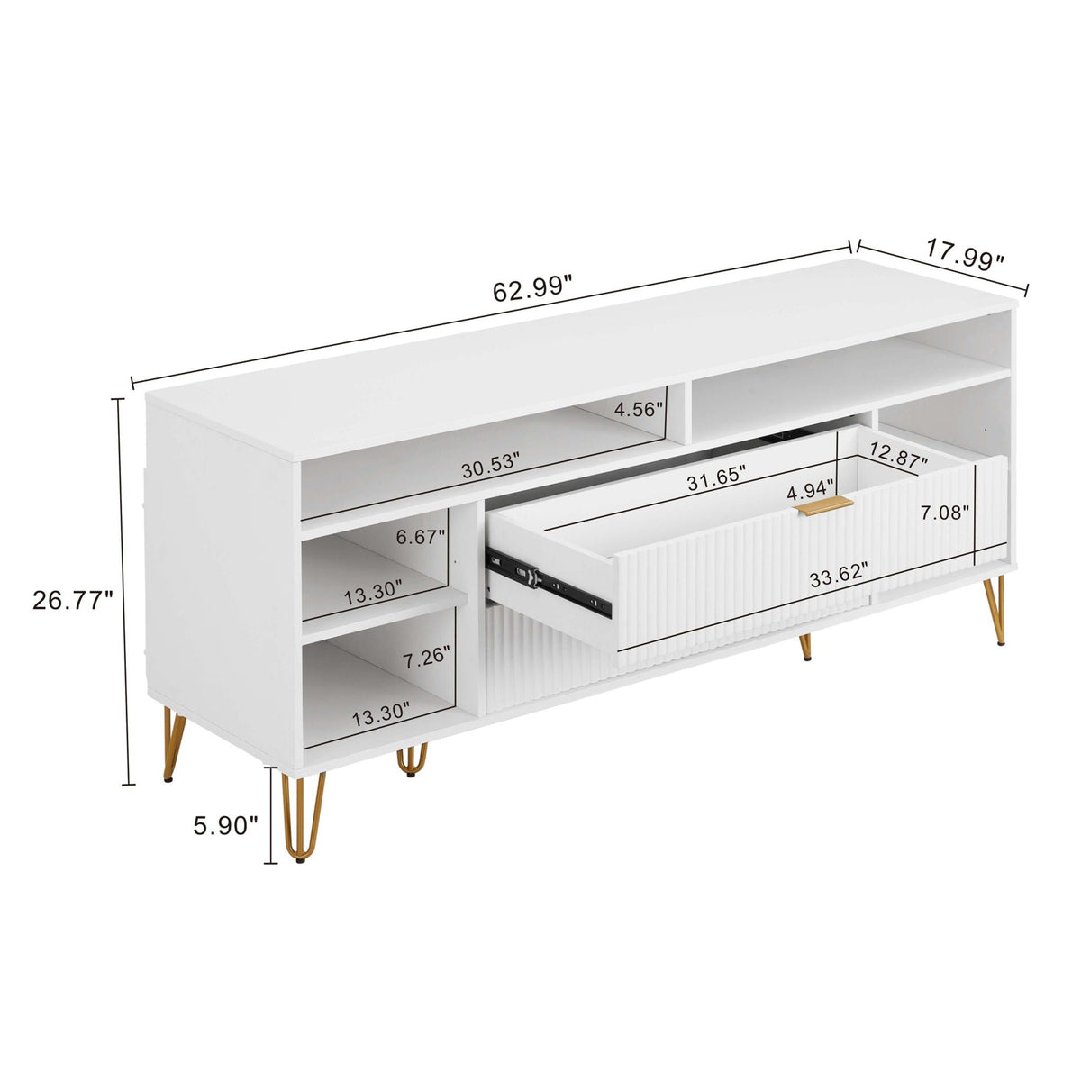 Fluted TV Stand with Storage and Metal Legs - Multiple Colors