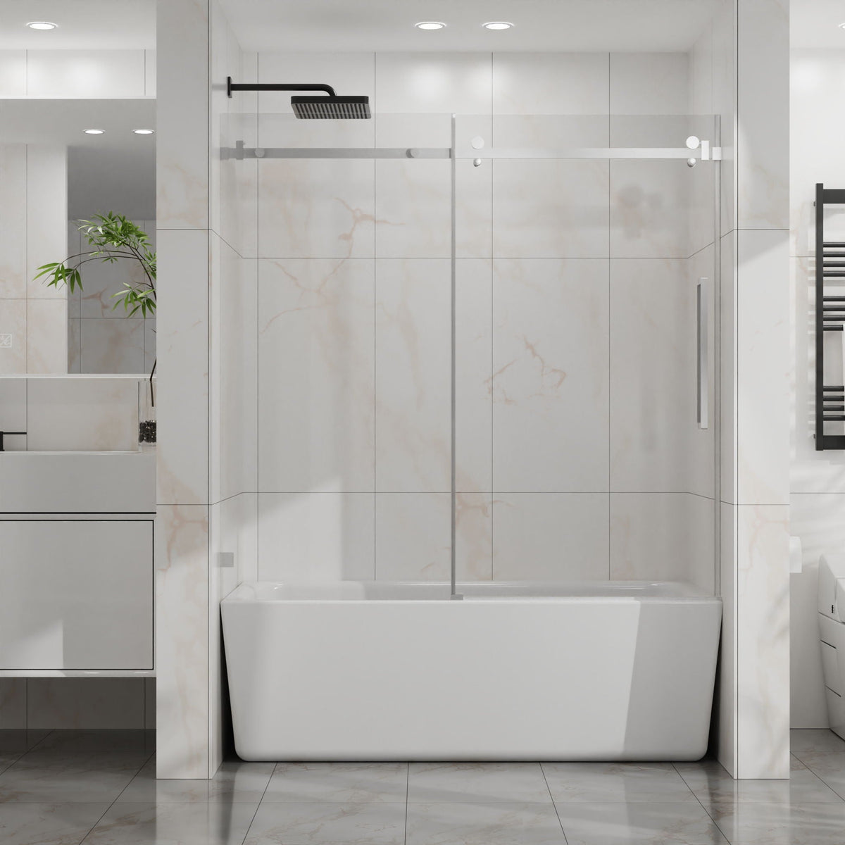 Frameless Tub Sliding Shower Door with Easy Clean Coating - Black or Pearl Silver