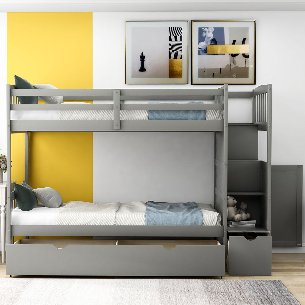 Convertible Twin Over Full Bunk Bed with Storage Shelves and Drawers - White or Dark Gray