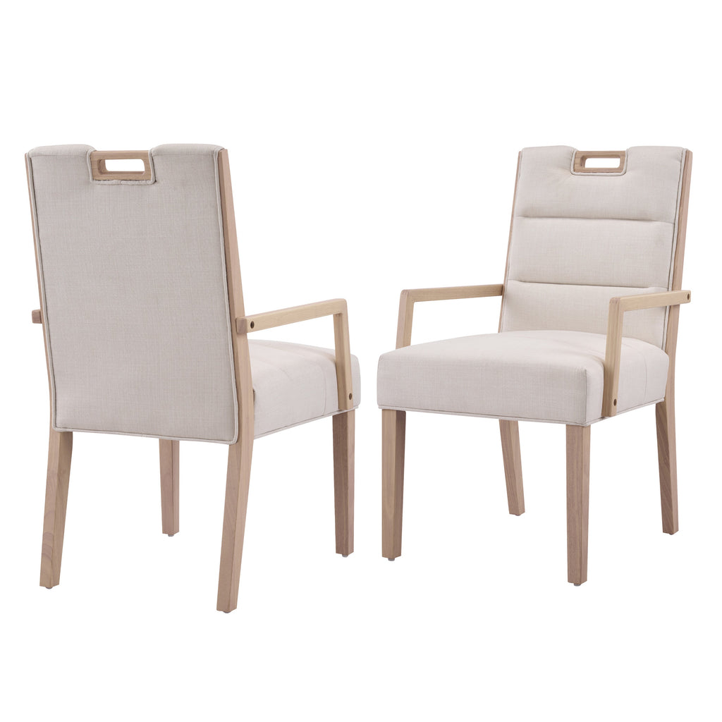 Upholstered Dining Chairs with Armrests - Fabric & Rubber Wood - Beige/Natural