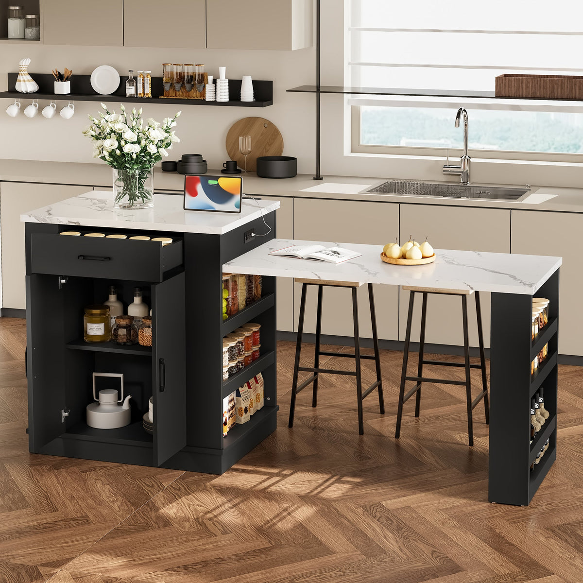 Extendable Island Console with Drawers and Cabinet - White or Black