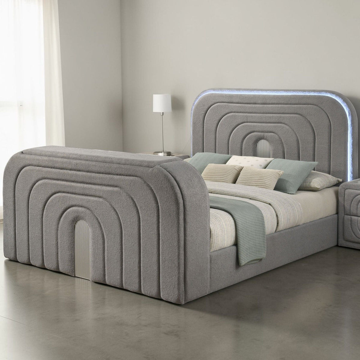 Upholstered Bed with LED, TV Stand & Bluetooth Fireplace - Dark Gray