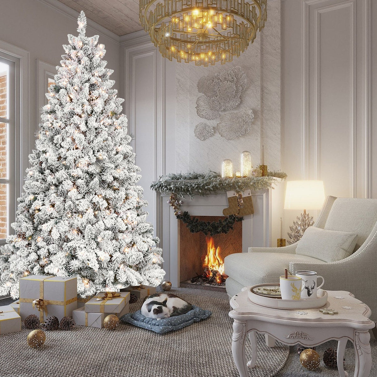 9FT Flocked Christmas Tree with 850 UL Lights and Real Pine Cones
