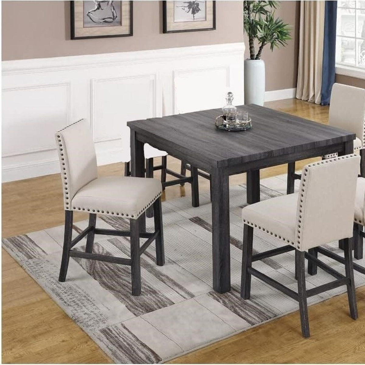 Natural Upholstered Counter Dining Chair Set with Nailhead Trim - Linen Blend