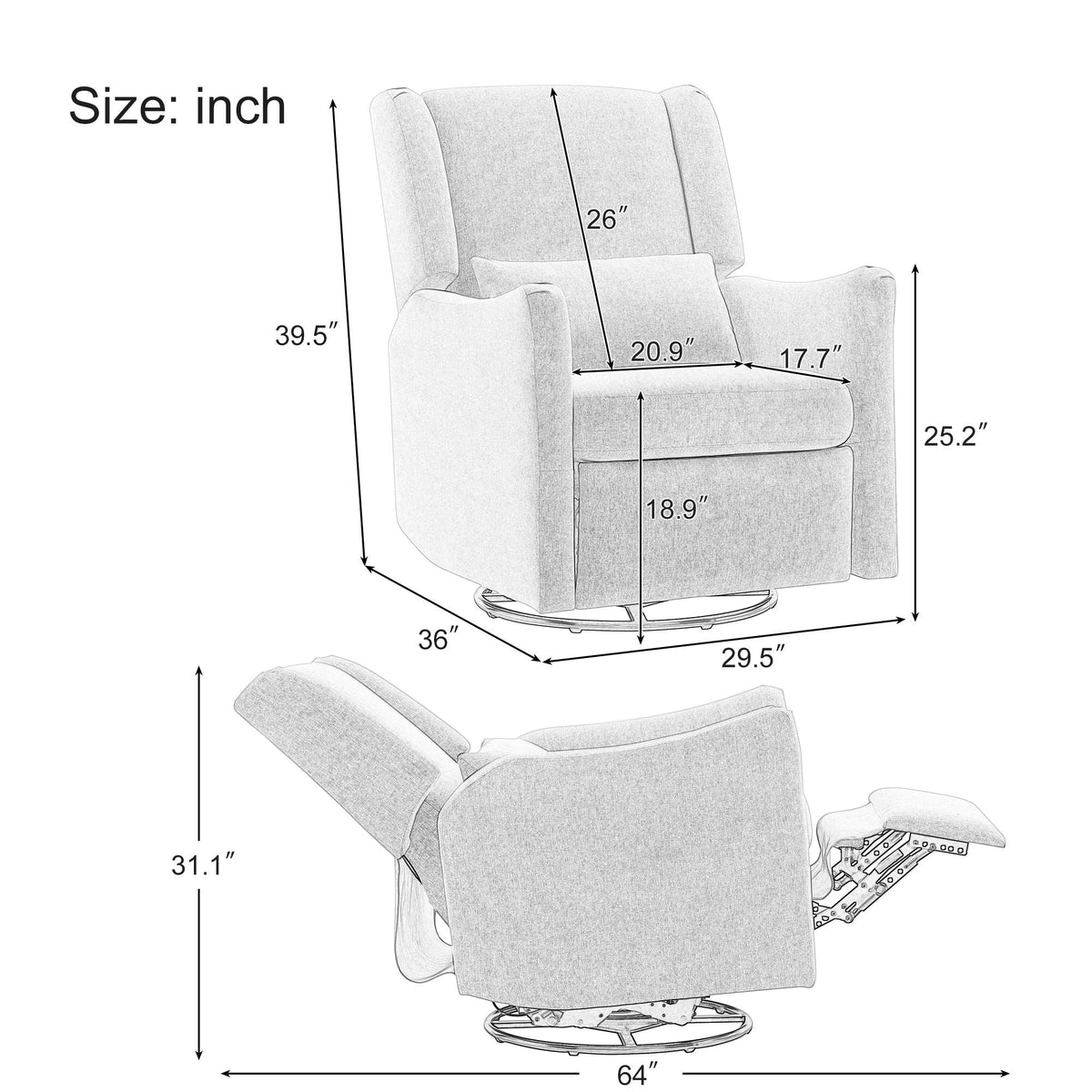 Wide Wingback Swivel Glider Rocker Recliner Chair with 360-Degree Swivel - Dark Green or Beige