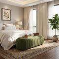 Upholstered Oval Ottoman with Boucle Fabric - Olive Green