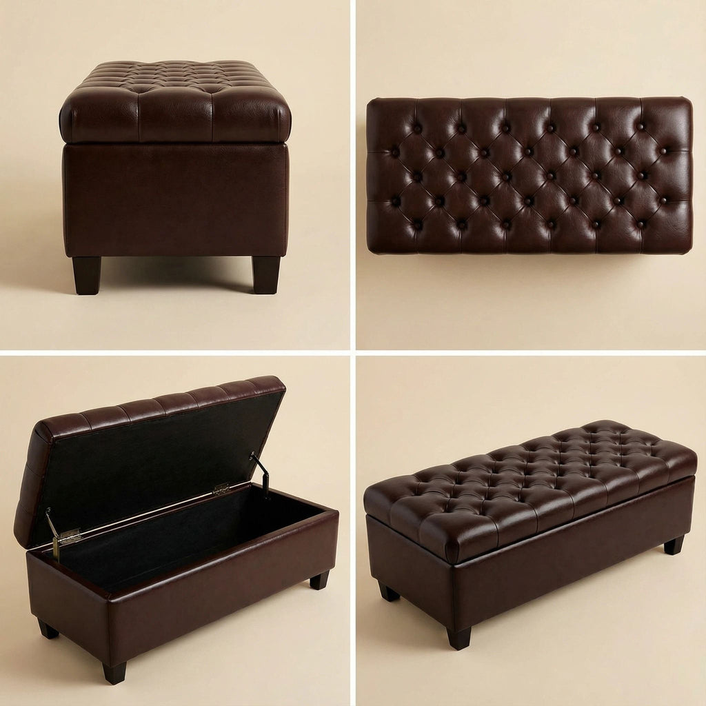 Storage Ottoman Bench with Safety Hinges - Faux Leather or Fabric