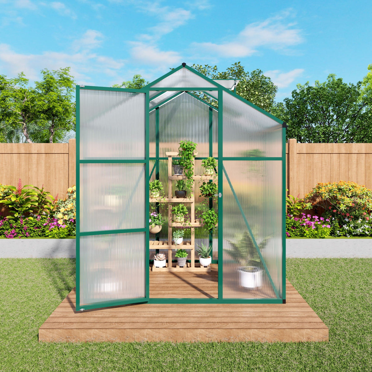 Polycarbonate Walk-In Greenhouse with Raised Base - Green