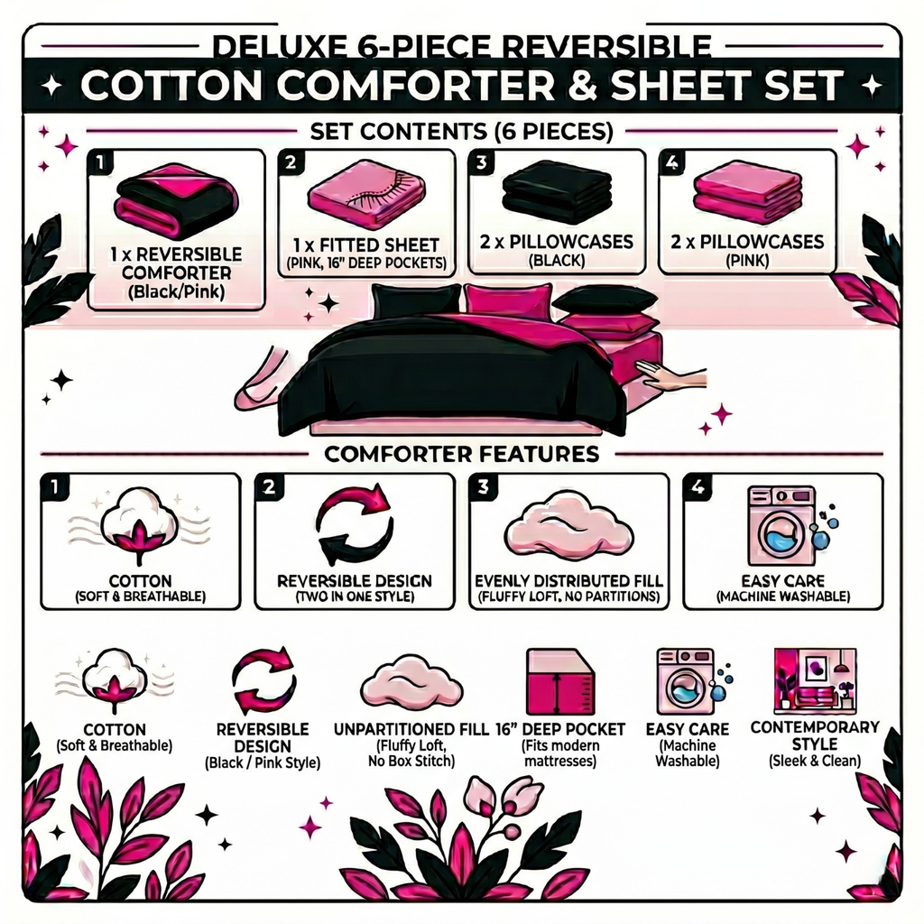 Tache Cotton Hot Pink Black Reversible Comforter Set With Zipper Cover