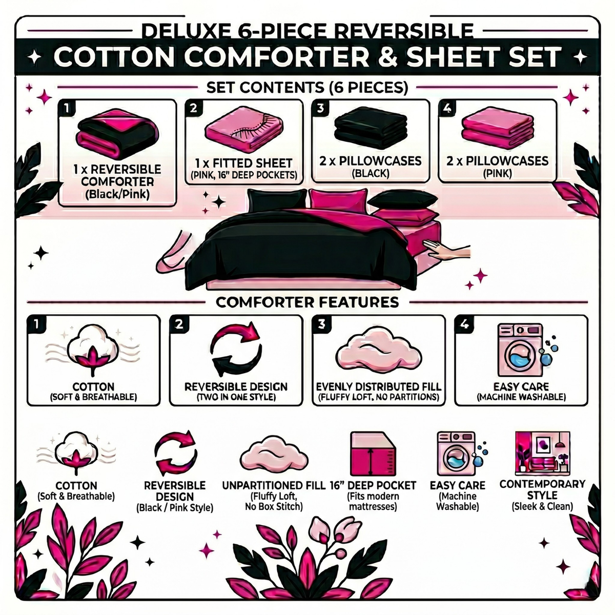 Tache Cotton Hot Pink Black Reversible Comforter Set With Zipper Cover