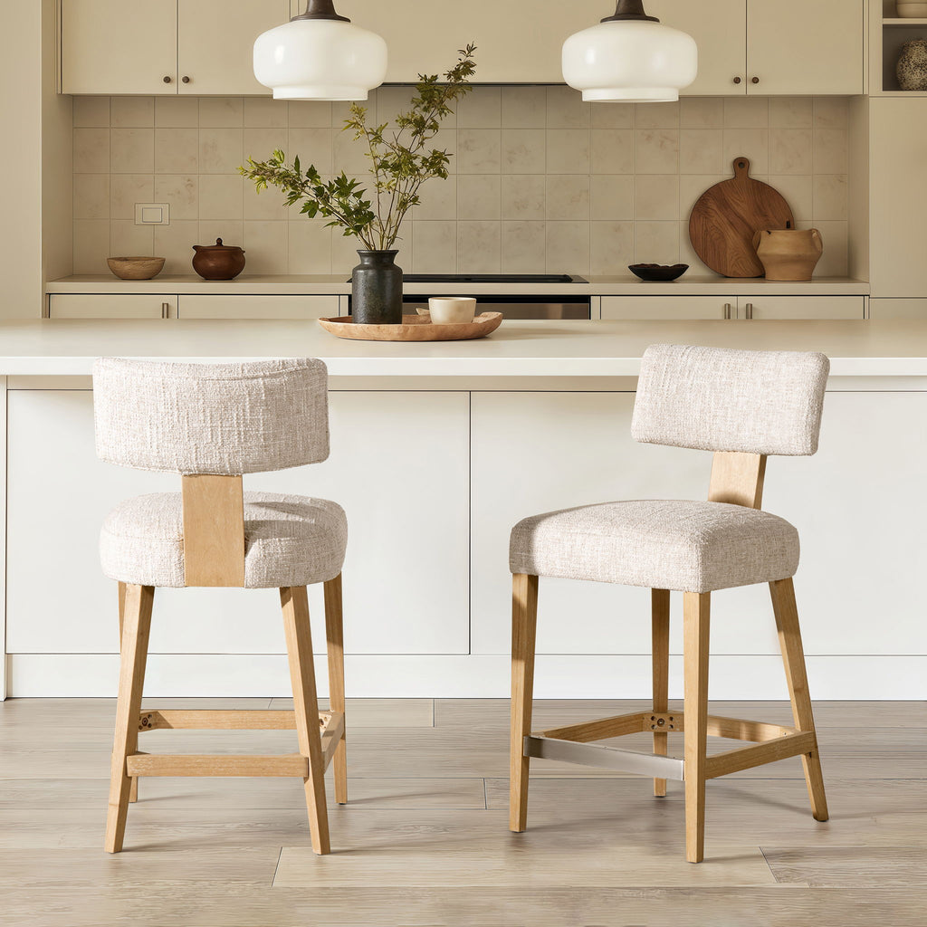 Round Arched Upholstered Counter Stool Set with Open Back - Travertine Beige