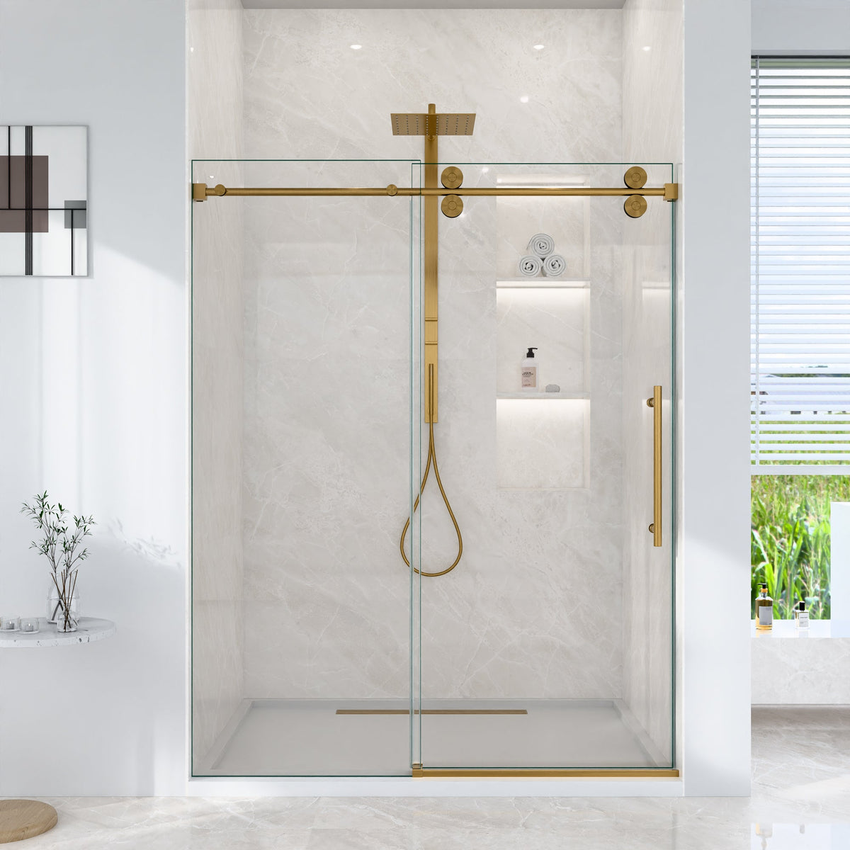 Frameless Sliding Shower Door with Quiet Rollers - Brushed Gold