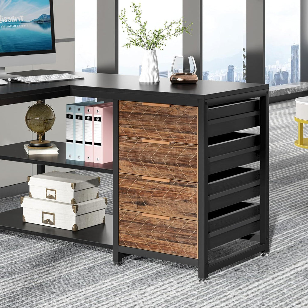 L-Shaped Computer Desk with Drawers and Shelves - Black or Dark Brown