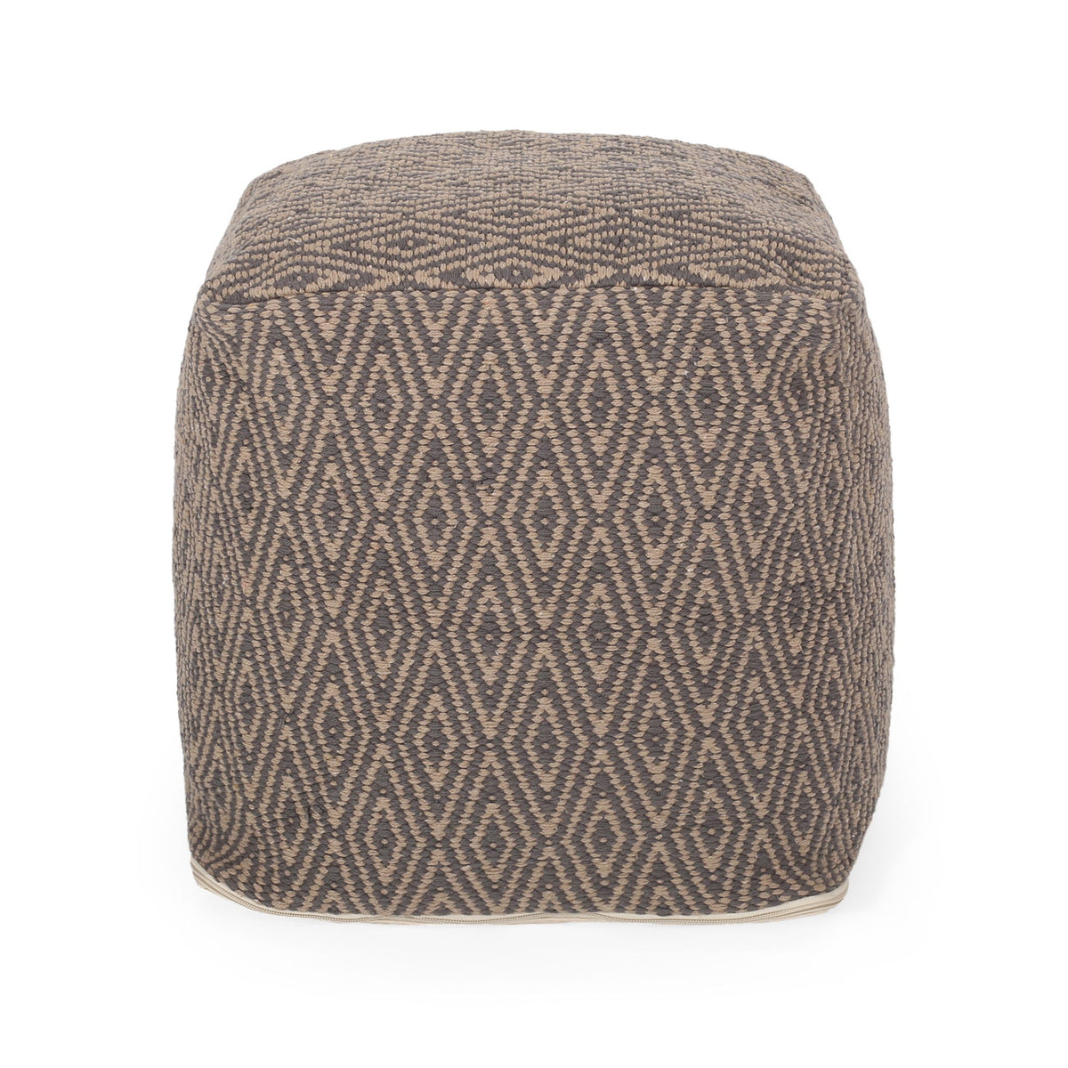 Hand Loomed Cotton Pouf with Polystyrene Fill - Dark Gray / Brown
