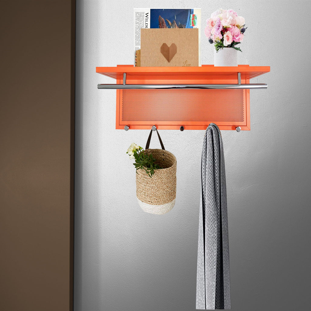 Powder Coated Metal Wall Mounted Coat Rack with Shelf - Multiple Colors