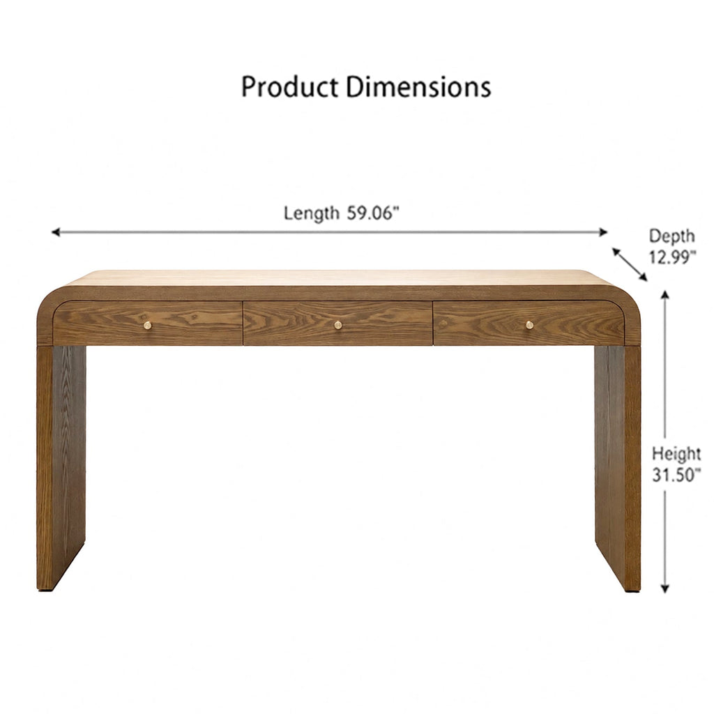 Walnut Curved Design 3-Drawer Long Console Table with Ample Storage - Walnut