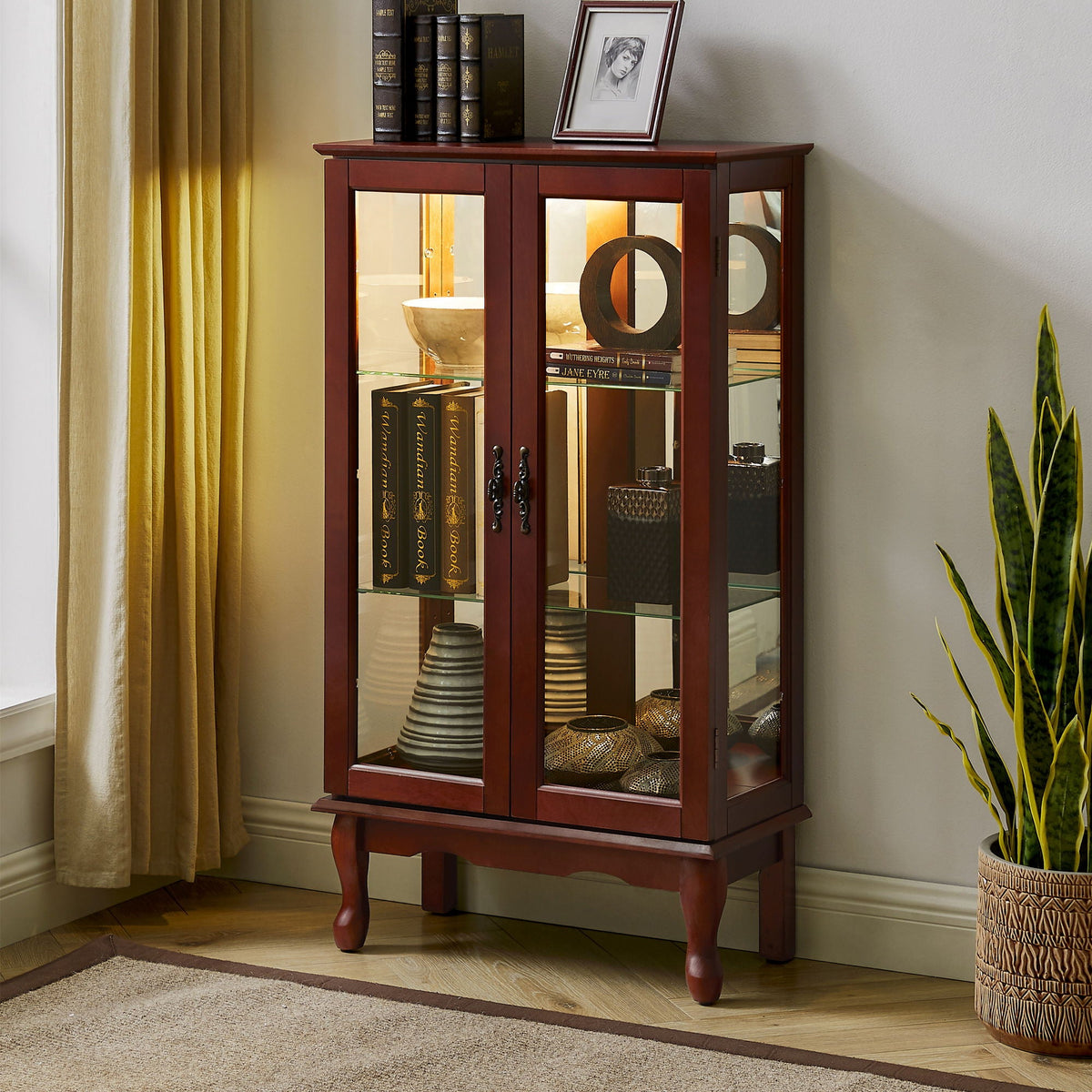 Lighted Curio Display Cabinet with Adjustable Shelves - Light Brown, Dark Brown, Dark Red