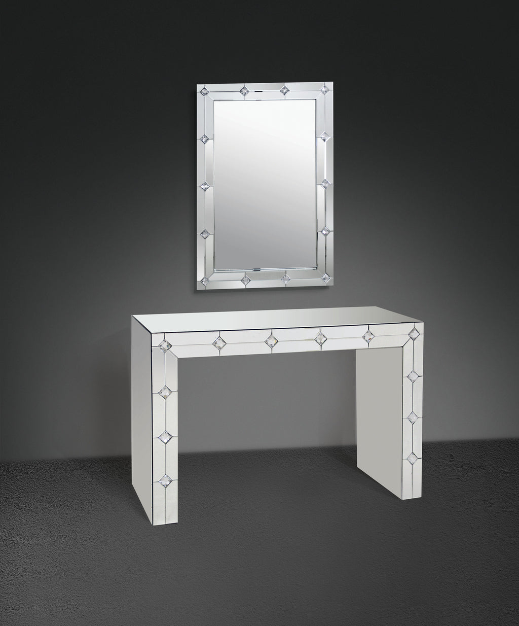 Hessa Mirrored & Faux Rhinestone Console Table with Sled Base – Silver