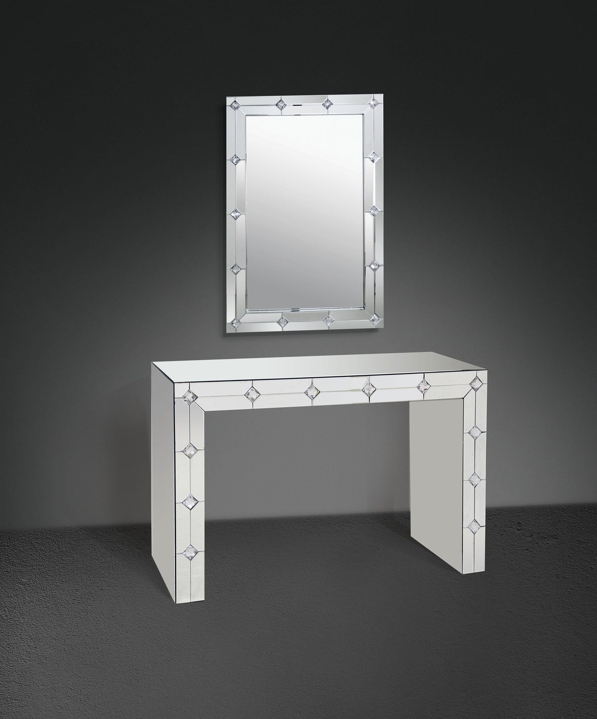 Hessa Mirrored & Faux Rhinestone Console Table with Sled Base – Silver
