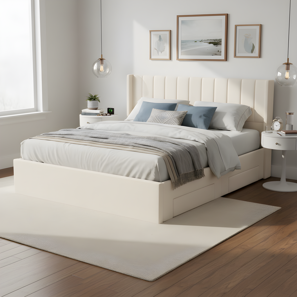 Large-Capacity Upholstered Storage Bed with Drawers - Light Beige