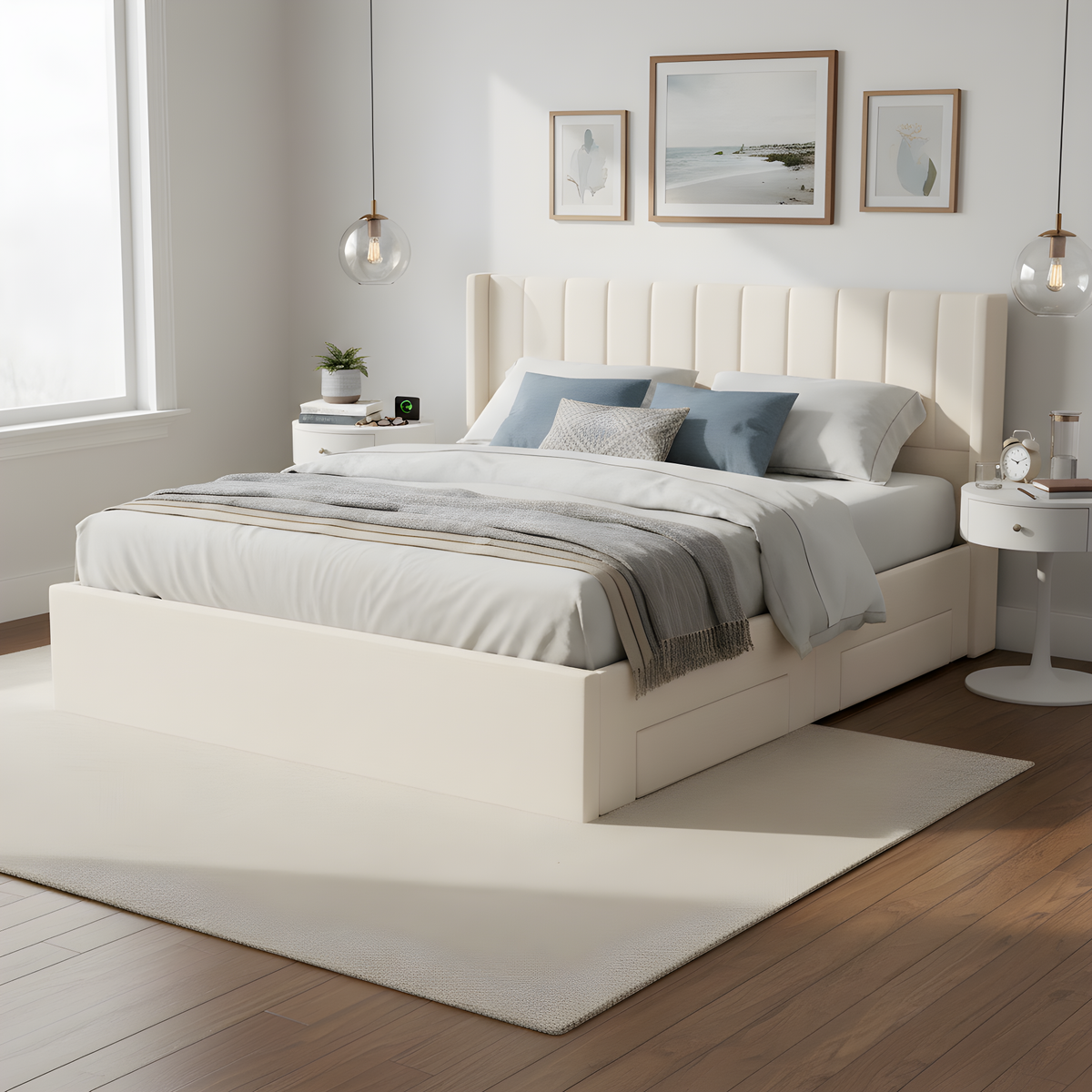 Large-Capacity Upholstered Storage Bed with Drawers - Light Beige