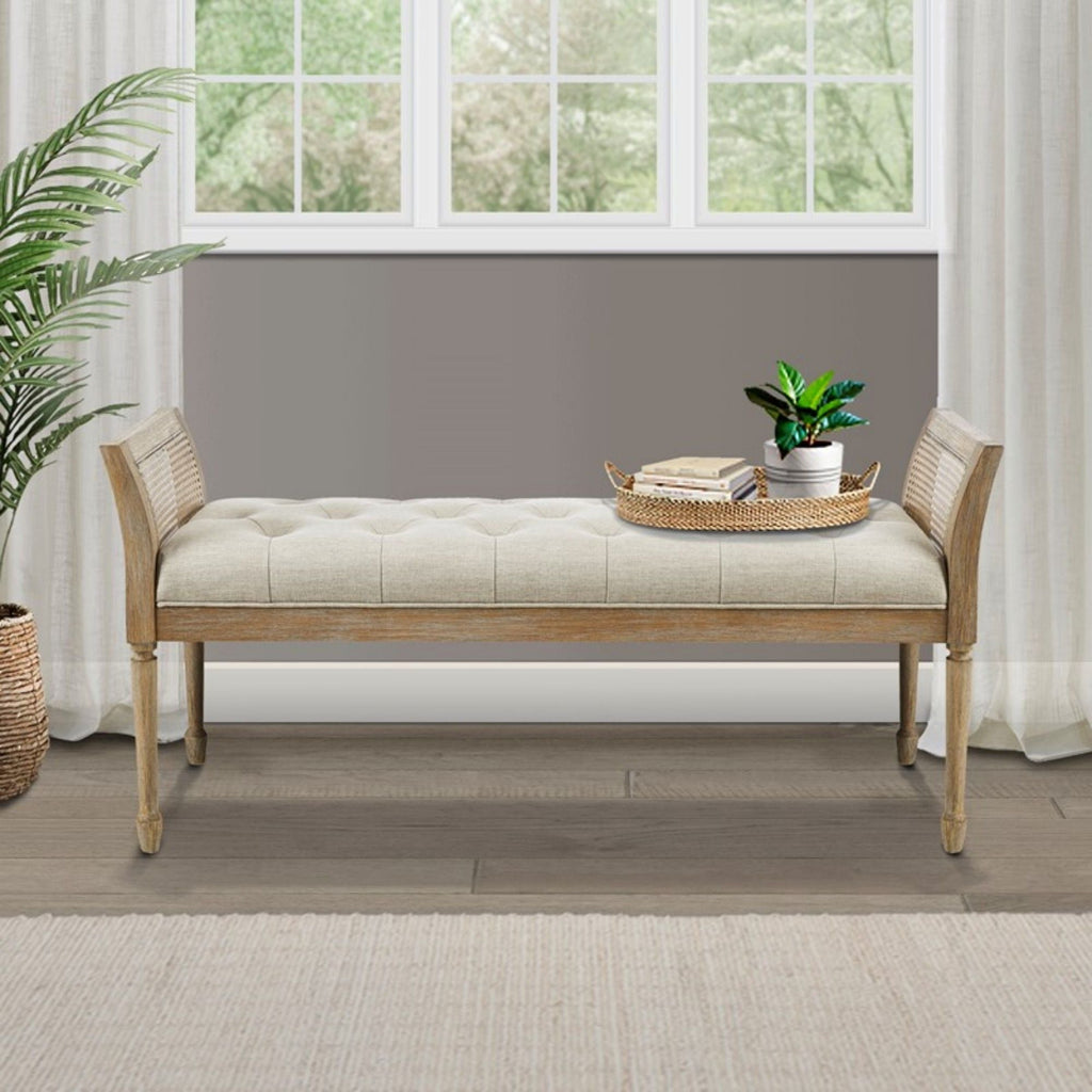 Natural Accent Bench with Arm and Tufted Upholstered Seat