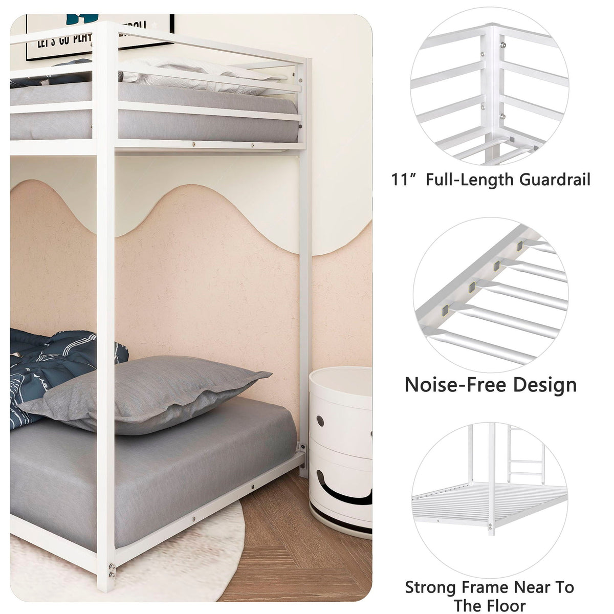White Metal Bunk Bed with Reinforced Guardrails - Twin over Twin or Twin over Full
