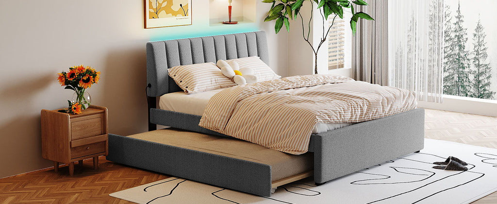 Upholstered Platform Bed With Trundle and LED Lights - Full or Queen
