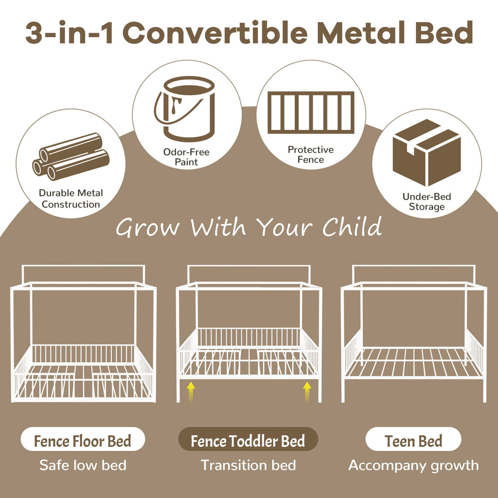 3 In 1 Convertible Montessori Floor Bed with Fenced Support - Full