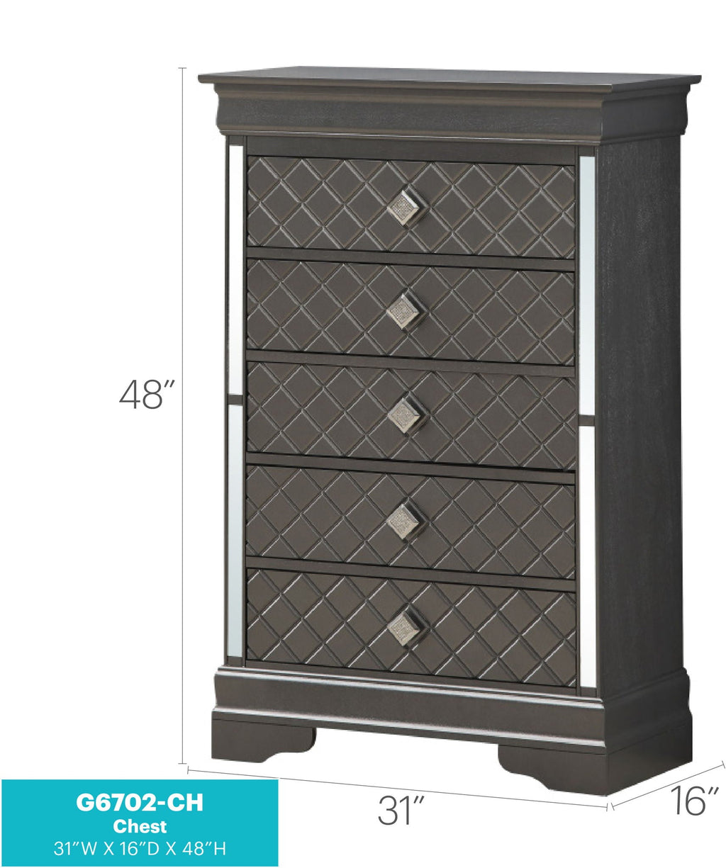 Embossed X Design Accent Chest with Crystal Pulls - Gray, Black, or Pearl Silver