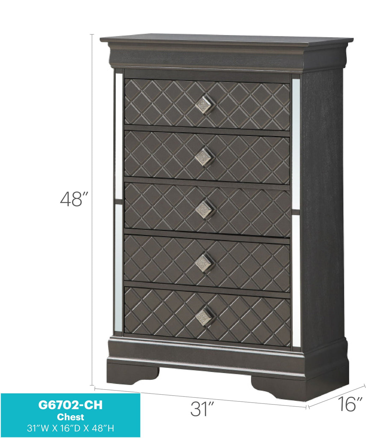 Embossed X Design Accent Chest with Crystal Pulls - Gray, Black, or Pearl Silver