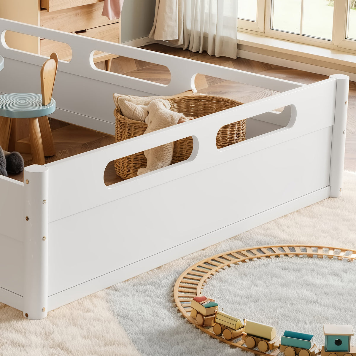 Queen Size Floor Platform Bed with Full-Length Guardrails - White or Natural