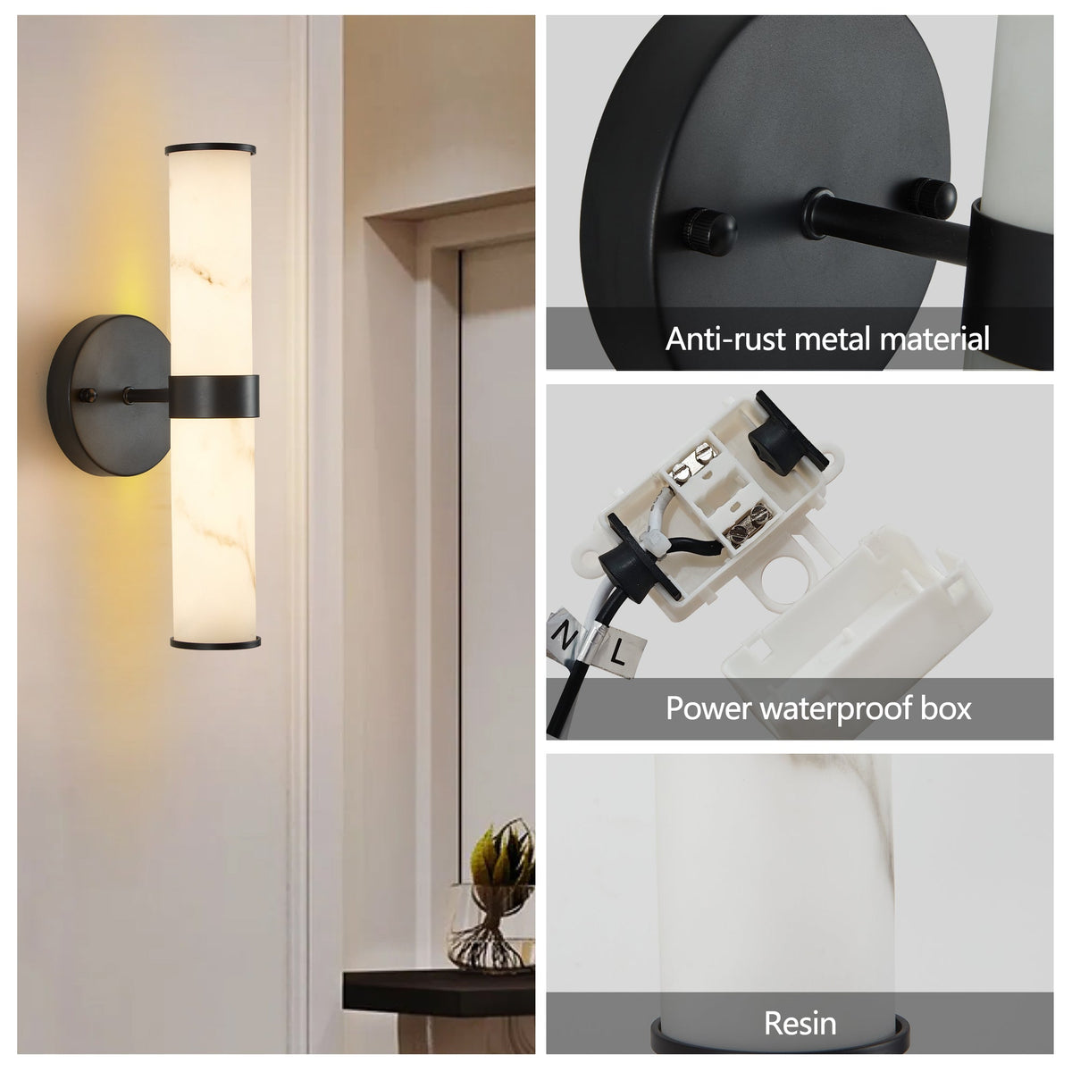 Resin Imitation Marble Texture Wall Light Set of 2 with Black Iron Frame