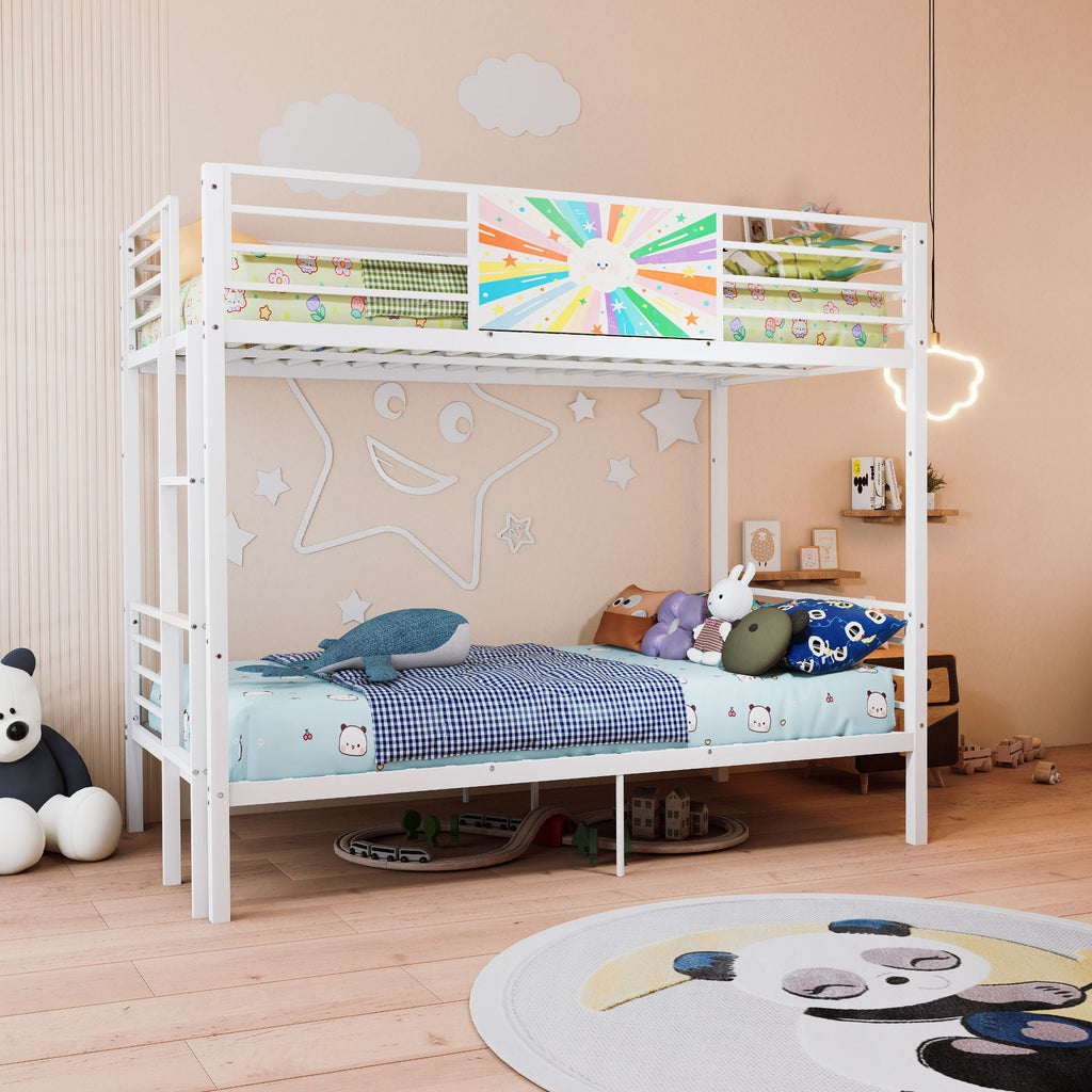 Convertible Metal Bunk Bed with Full-Length Guardrail and Ladder - White