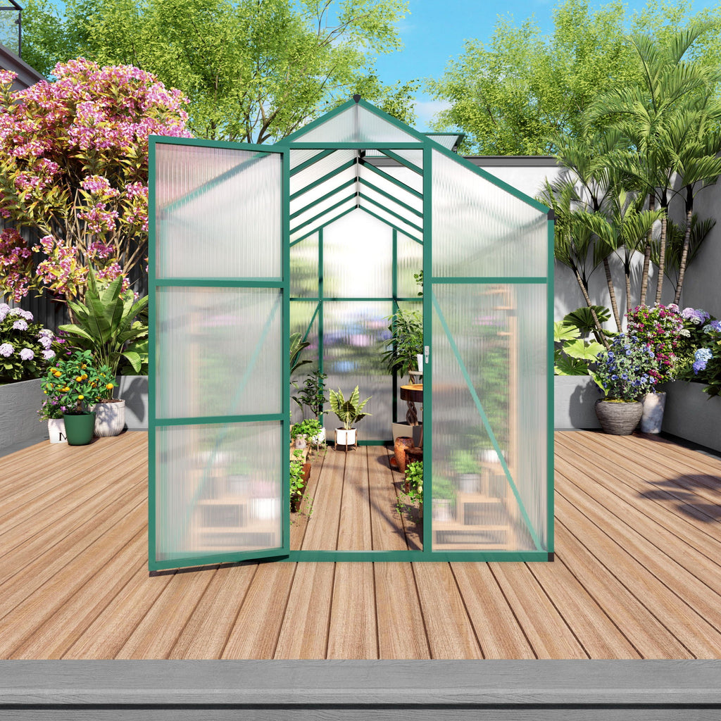 Polycarbonate Walk-In Greenhouse with Raised Base - Green