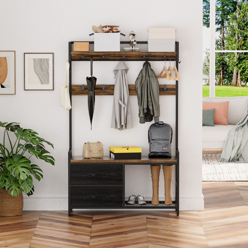 Rustic Brown Hall Tree With 2 Movable Drawers