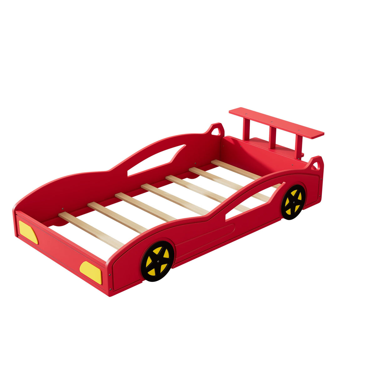Race Car Platform Bed with Built-In Storage and Side Rails - Twin Size, Red or Blue