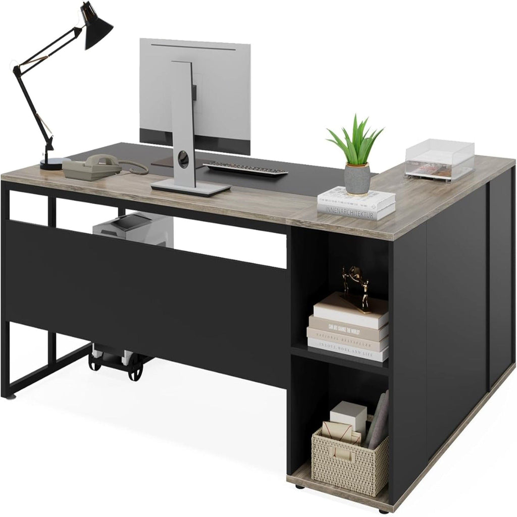 L-Shaped Executive Desk with Cabinet Storage - Dark Gray or Black
