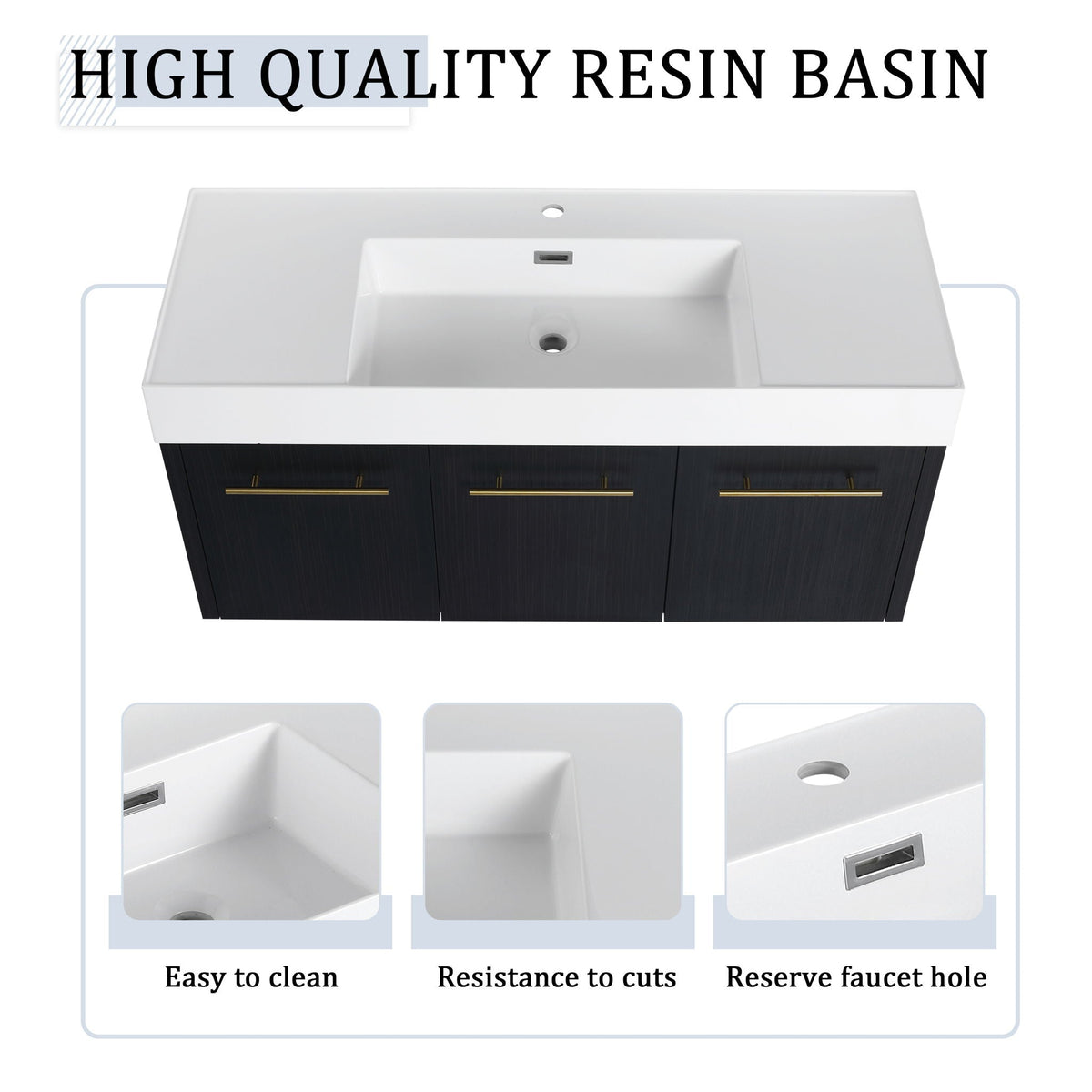 Modern Wall Mounted Bathroom Vanity With Thick Edge Resin Sink And Storage Rack