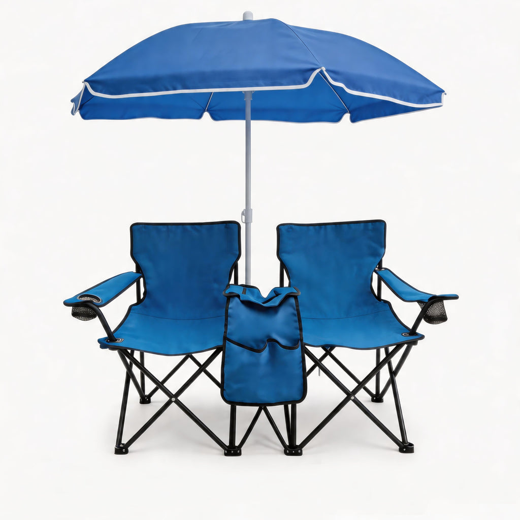 Portable Double Folding Beach Chair Set with Umbrella - Oxford Fabric