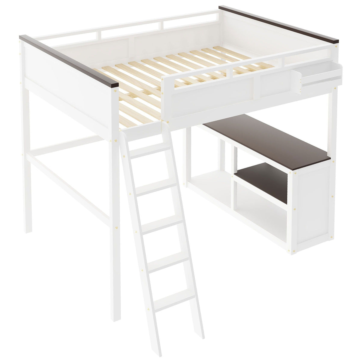 Queen Size Loft Bed with Desk, Storage, and USB Charging Station - White
