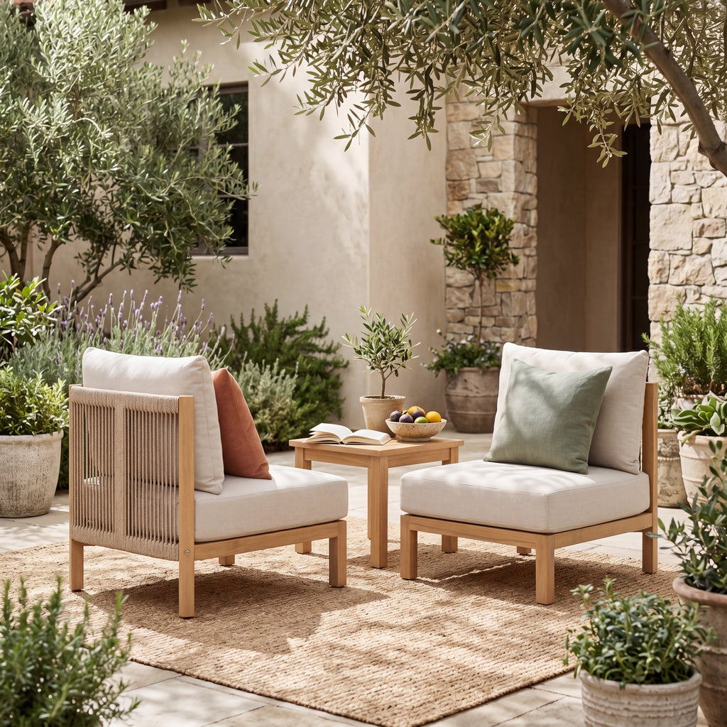 Acacia Wood Patio Club Chair Set of 2 with Rope Weave - Light Teak