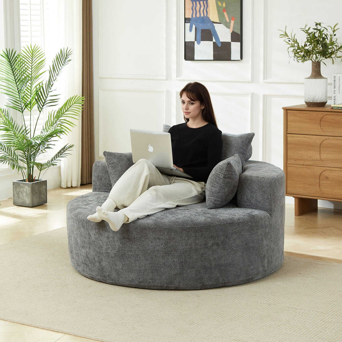 Gray Sleeper Chair Arm Chair with Pillow Support - Chenille Fabric