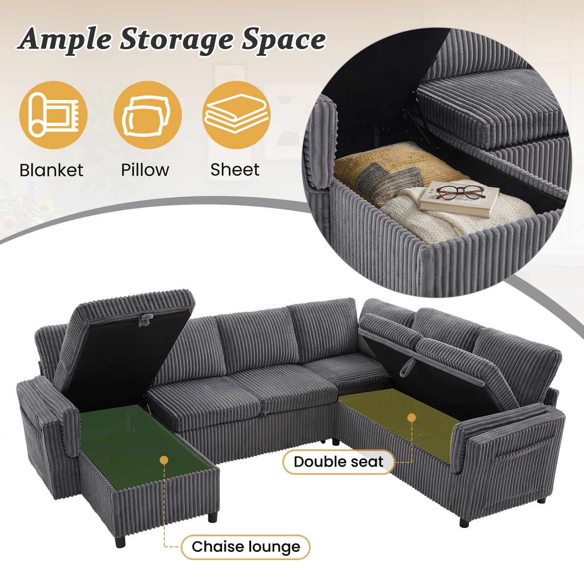 Convertible U-Shaped Sectional Sofa Bed with USB Ports and Storage – Black, Dark Gray, Blue