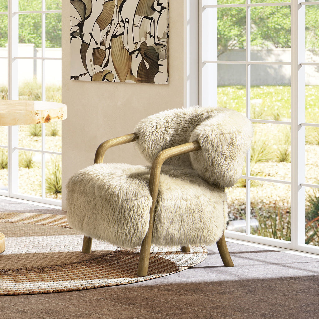 Rustic Oak Sheepskin Upholstered Arm Chair with Ergonomic Comfort - Taupe Beige