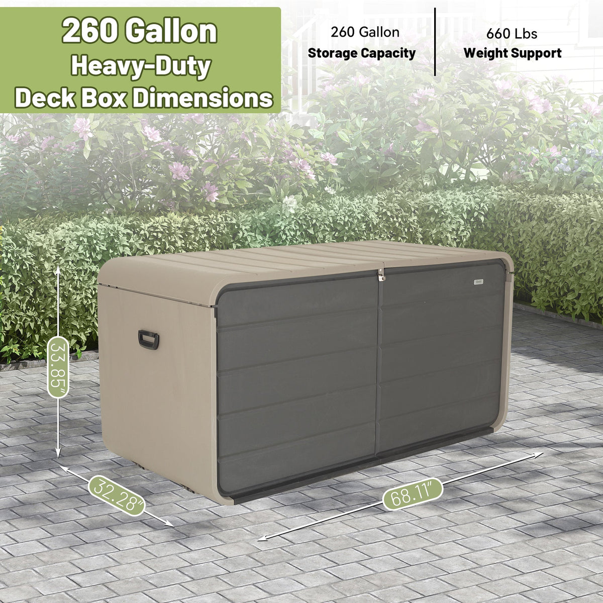 260 Gallon Plastic Deck Box with Wheels and Waterproof Lid - Gray