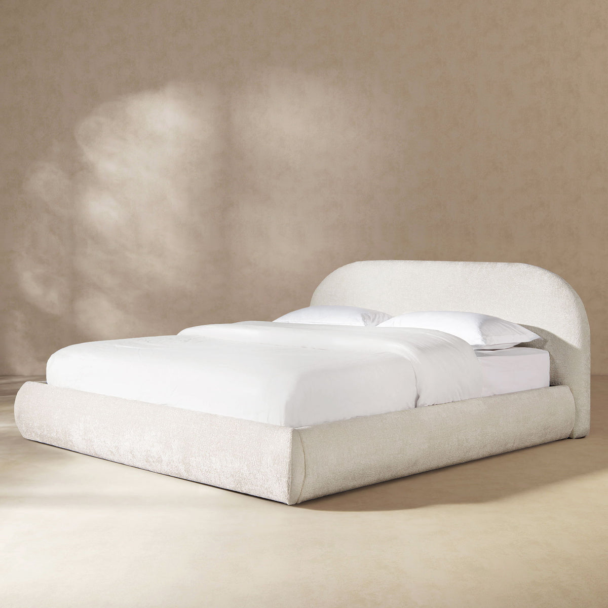 Archie Puffy Grounded Upholstered Platform Bed with Rounded Headboard - Green, White, Beige